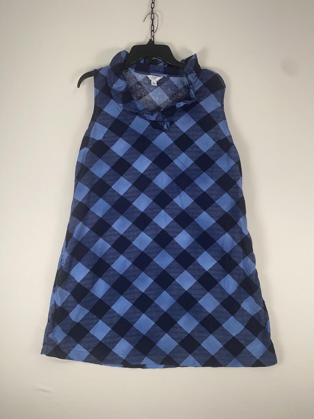 Crown & Ivy Dress Womens Large Blue Plaid Sleeveless Ruffle Neck Linen Shift